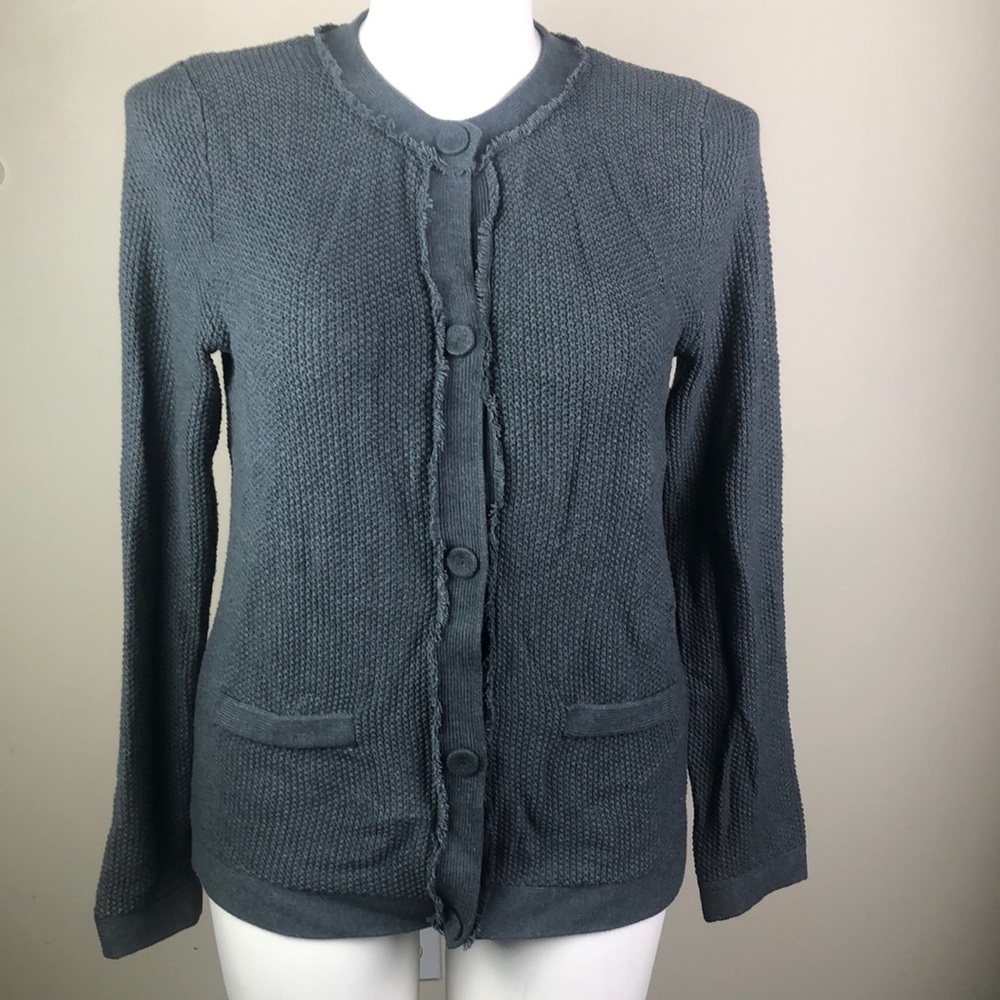 Snap Front Cardigan Fringe Trim Dark Gray
